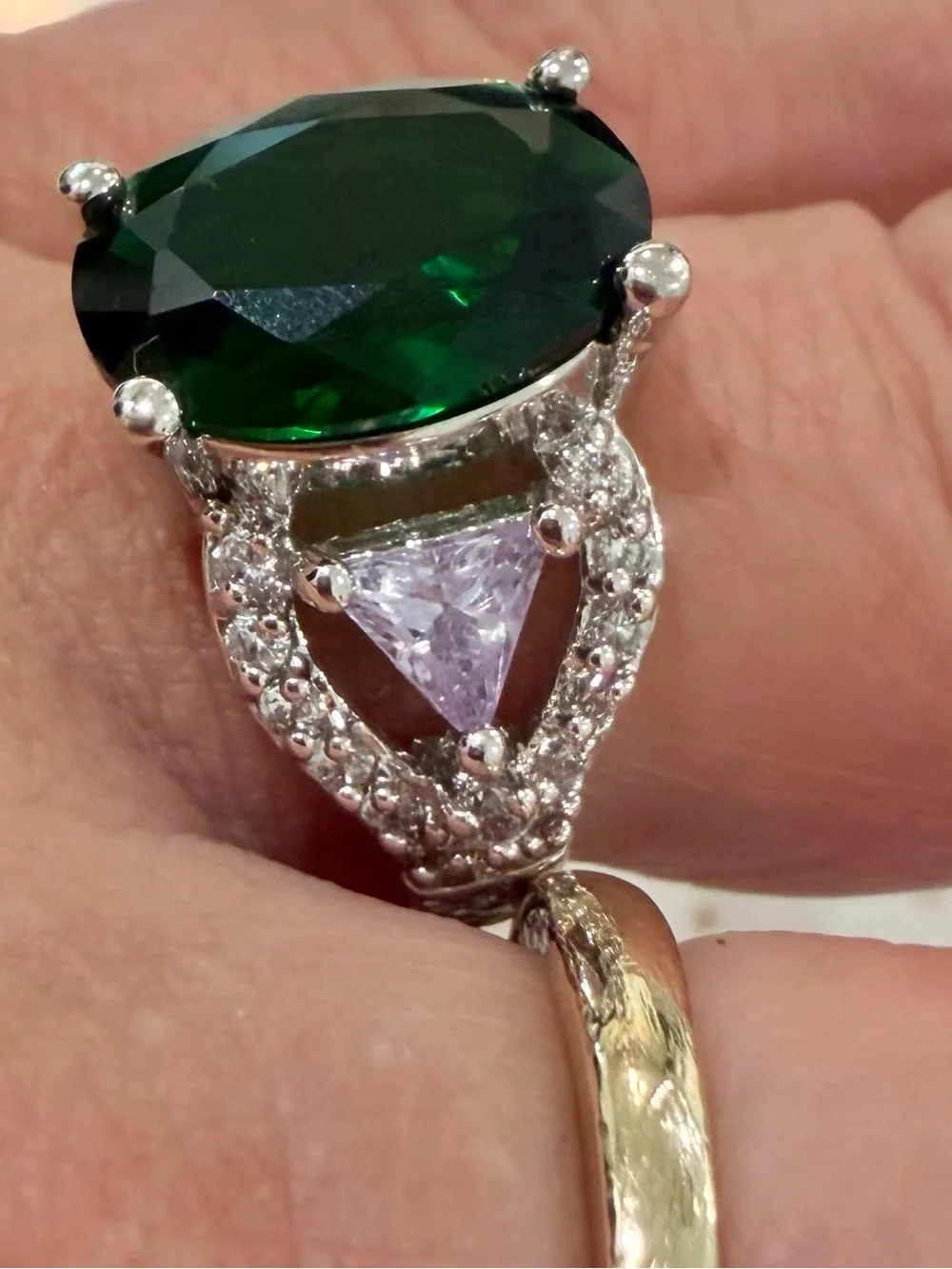 Sterling Silver Emerald & Tanzanite Three- Stone Cocktail Ring (Size 6.5)